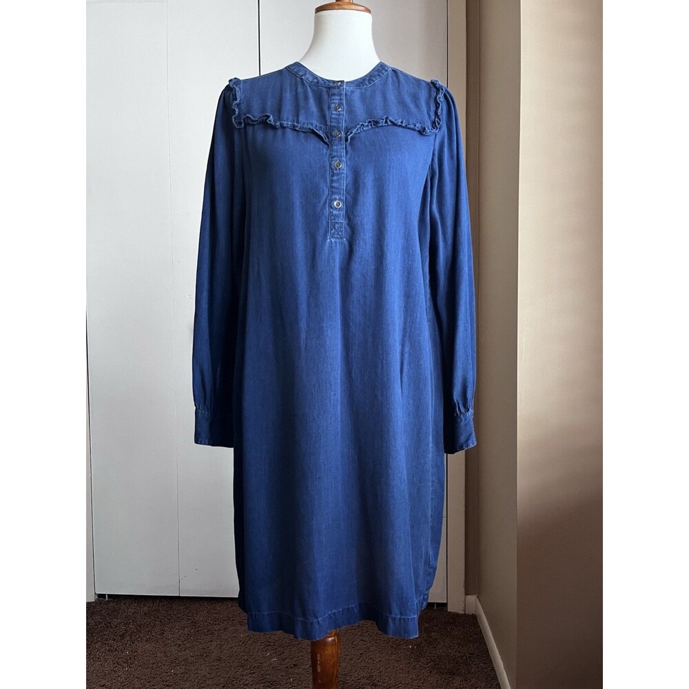 Old Navy Lyocell Denim Dress Women’s M Ruffle Yoke Long Sleeve Shift Medium Wash